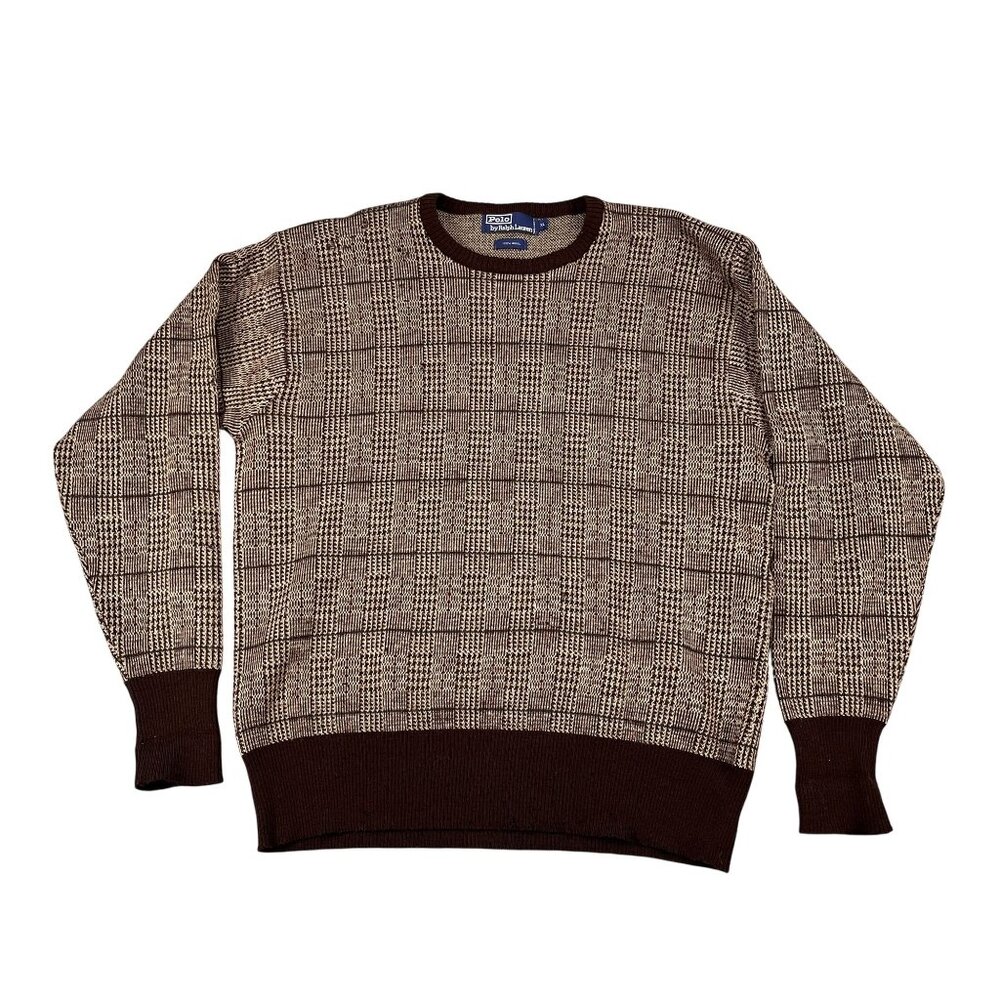 VTG Polo by Ralph Lauren 100% Wool Brown Crewneck Sweater Sz XL Made in Hong Kon
